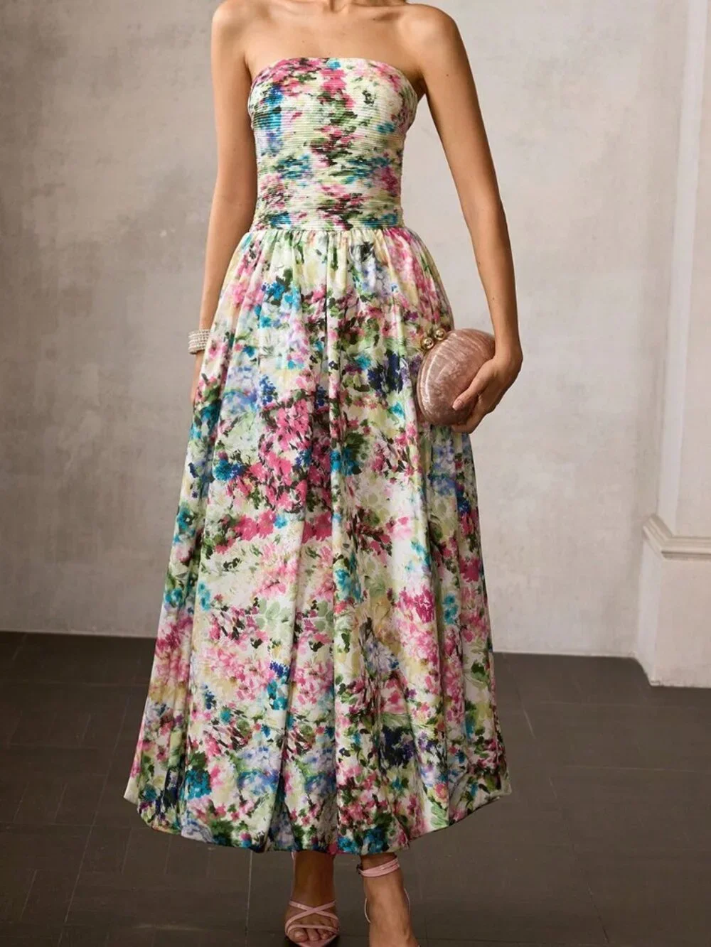 Multicolor Elegant Women's Floral Print Dress Wiith Bust Ruching - Picture 4 of 6